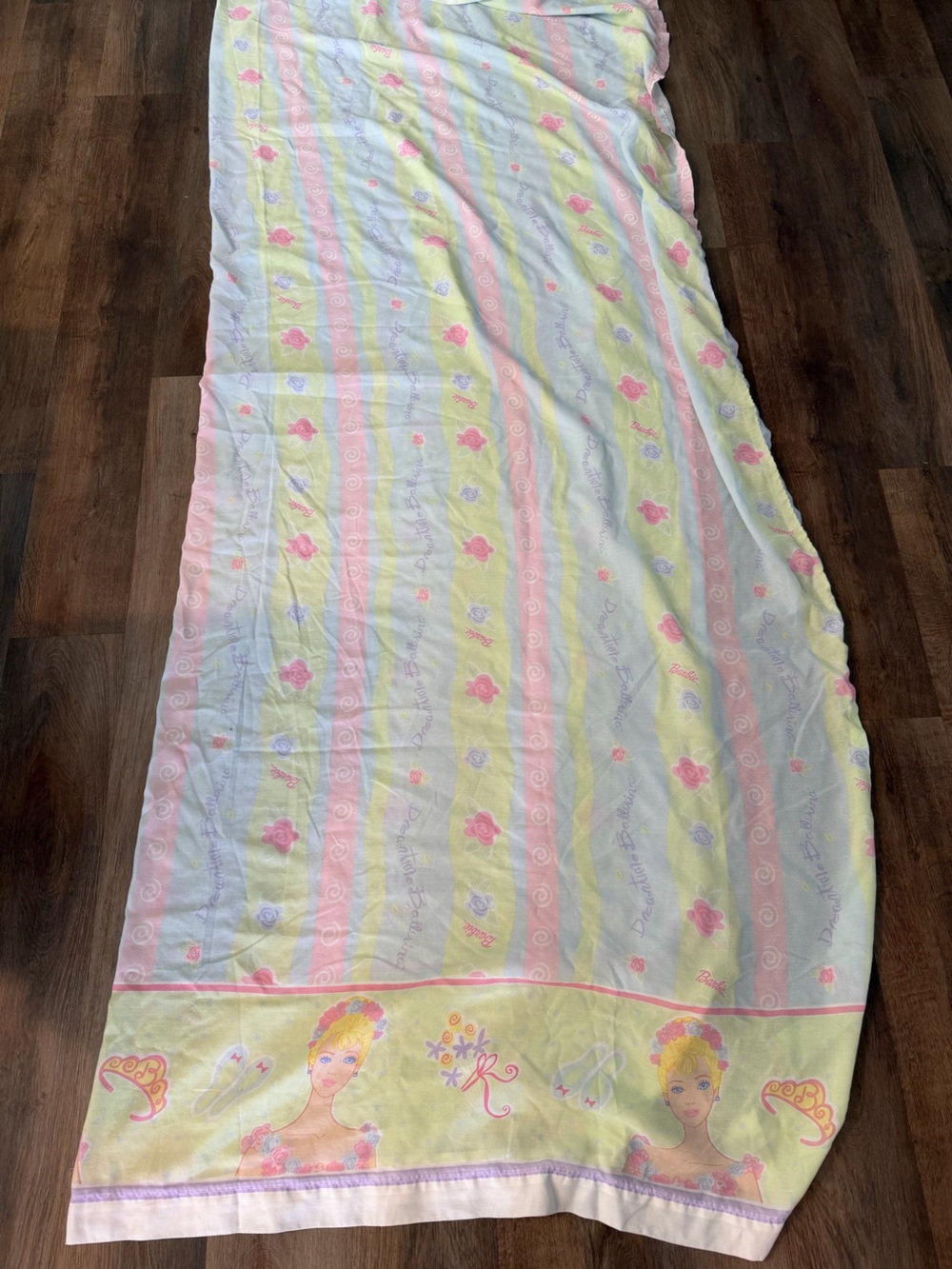 Vintage Barbie Pastel Stripe & Floral Panel Flat Sheet - Pink, Yellow, Lavender